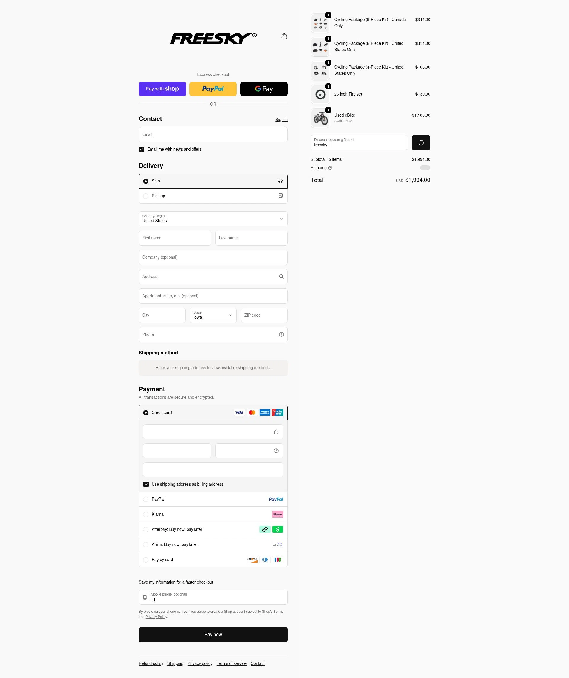 Freesky Ebike checkout page showing Freesky Ebike promo code box | Screenshot taken by SimplyCodes community member on Jan 9, 2026