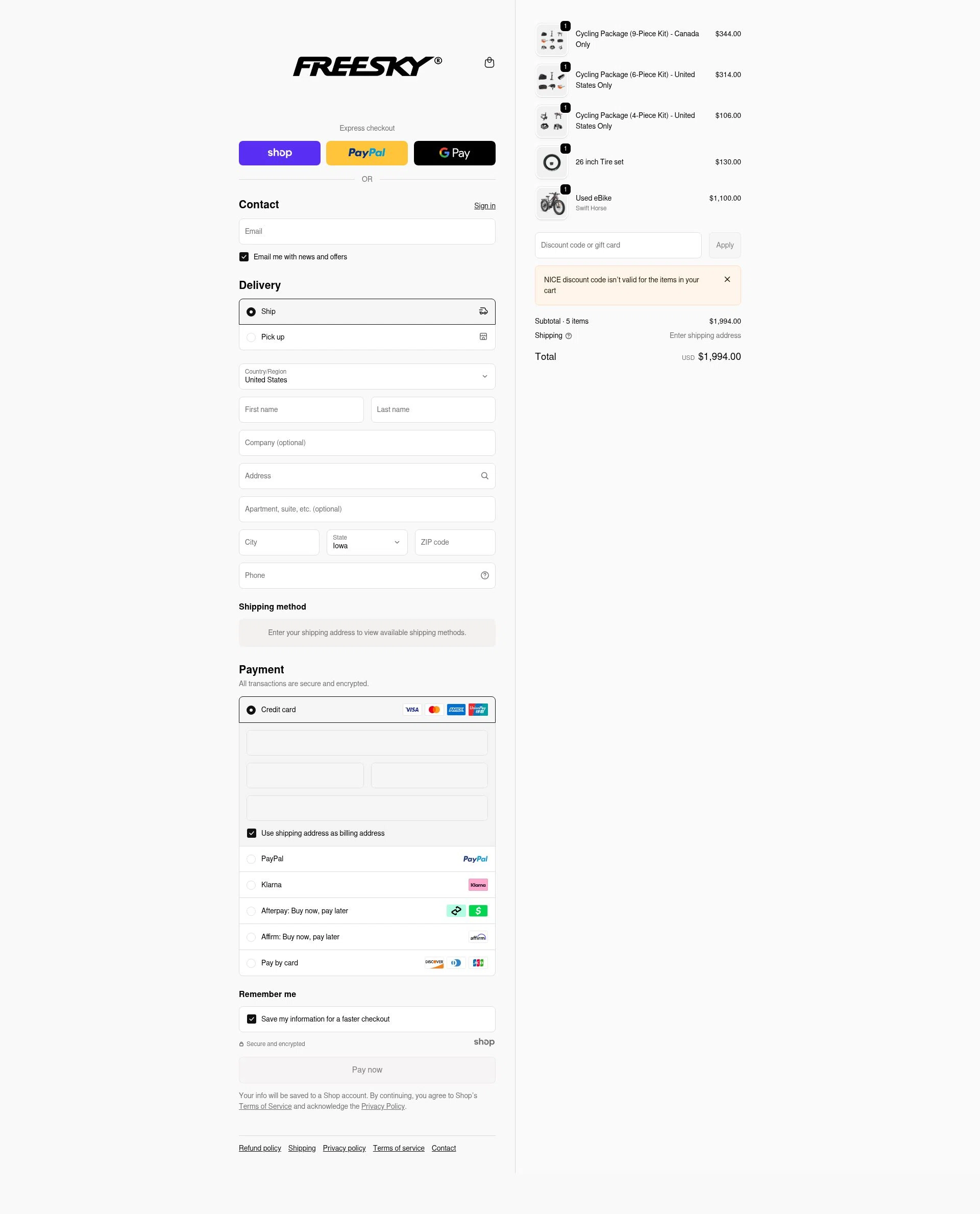 Freesky Ebike checkout page showing Freesky Ebike promo code box | Screenshot taken by SimplyCodes community member on Jan 9, 2026
