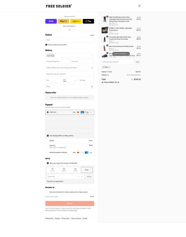FREE SOLDIER checkout page showing FREE SOLDIER promo code box | Screenshot taken by SimplyCodes community member on Sep 7, 2025