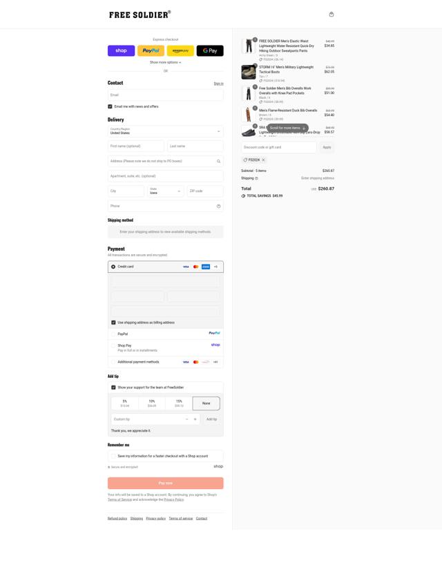 FREE SOLDIER checkout page showing FREE SOLDIER promo code box | Screenshot taken by SimplyCodes community member on Sep 11, 2025