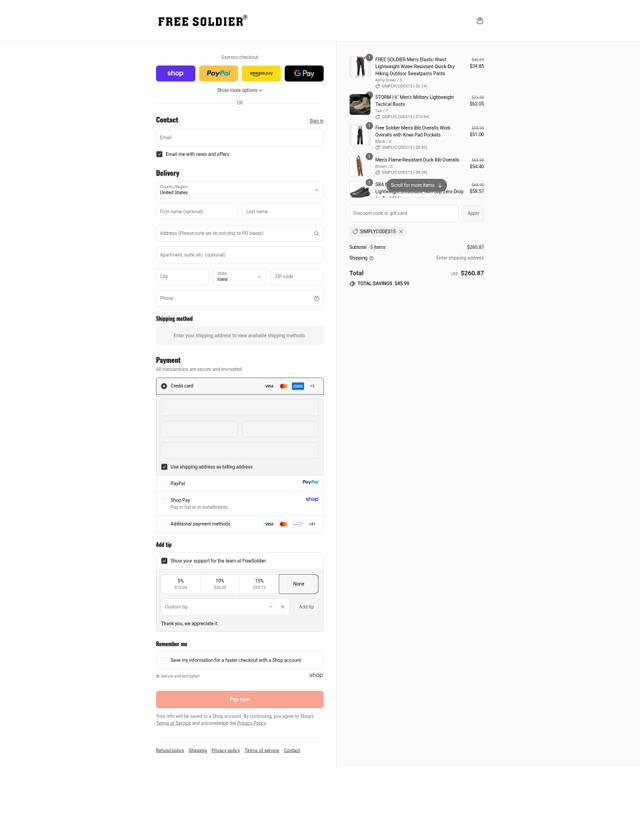 FREE SOLDIER checkout page showing FREE SOLDIER promo code box | Screenshot taken by SimplyCodes community member on Sep 11, 2025