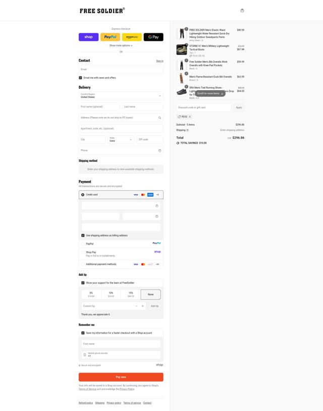 FREE SOLDIER checkout page showing FREE SOLDIER promo code box | Screenshot taken by SimplyCodes community member on Sep 11, 2025