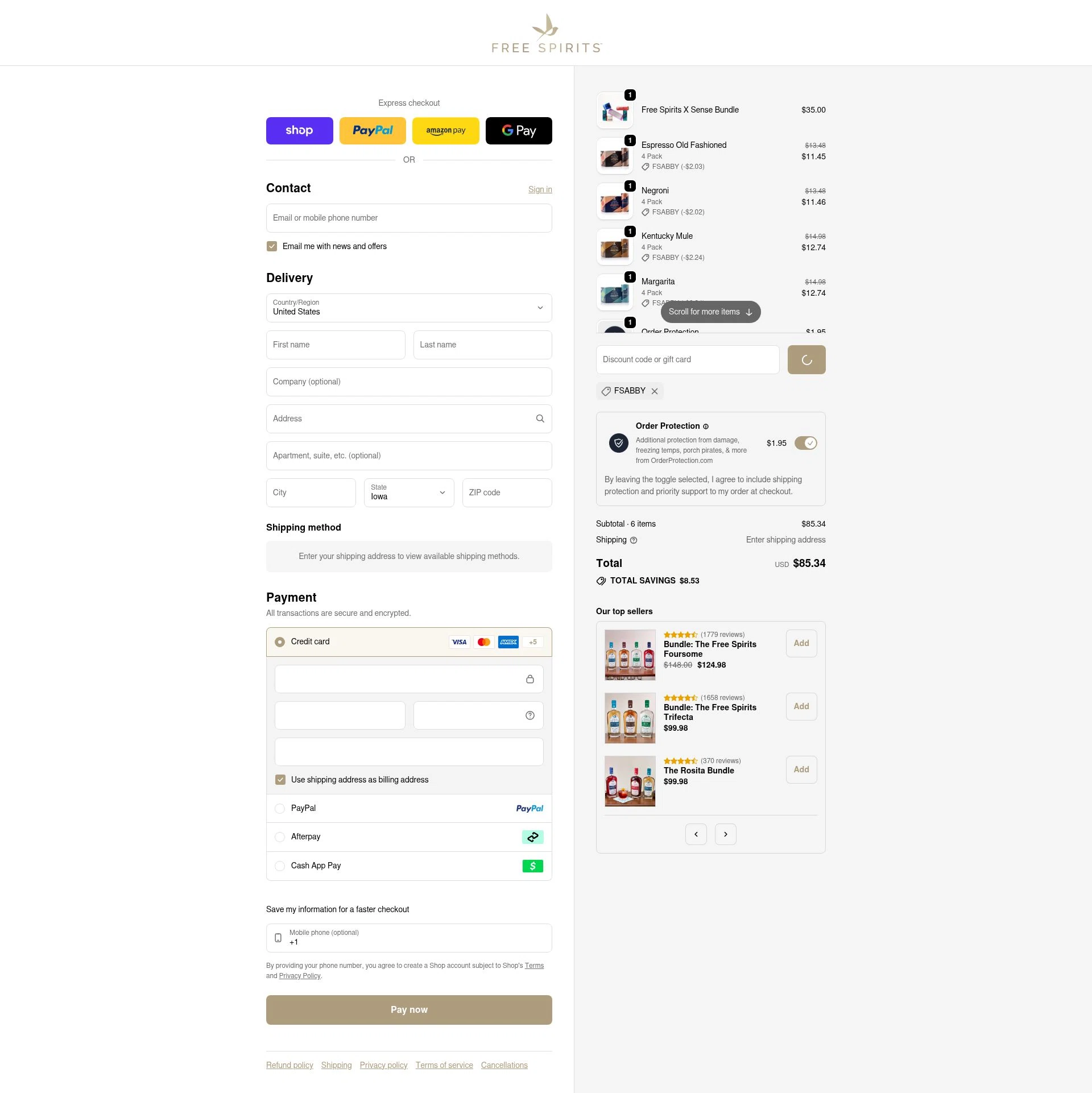 The Free Spirits Company checkout page showing The Free Spirits Company promo code box | Screenshot taken by SimplyCodes community member on Jan 11, 2026