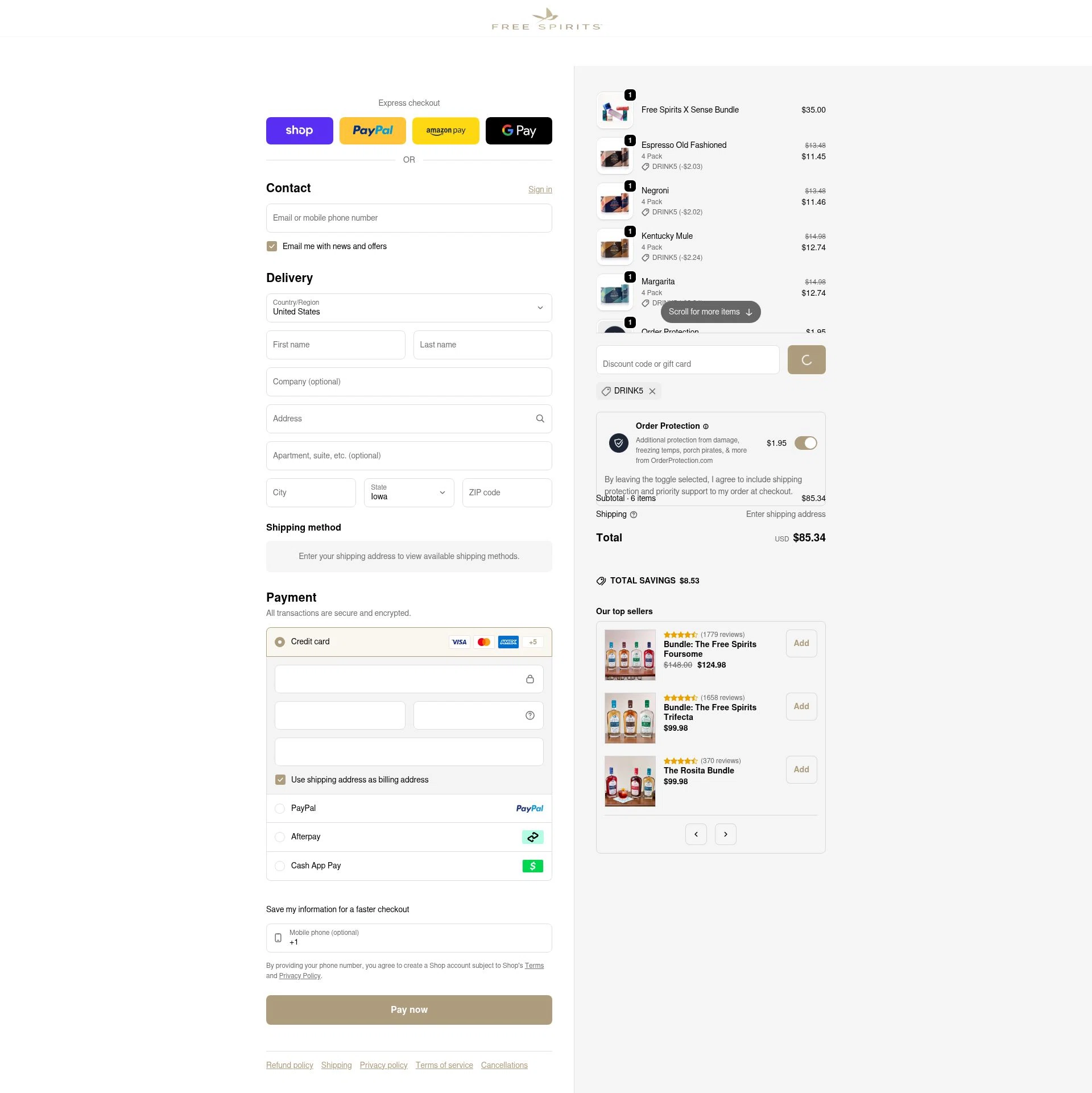 The Free Spirits Company checkout page showing The Free Spirits Company promo code box | Screenshot taken by SimplyCodes community member on Jan 11, 2026