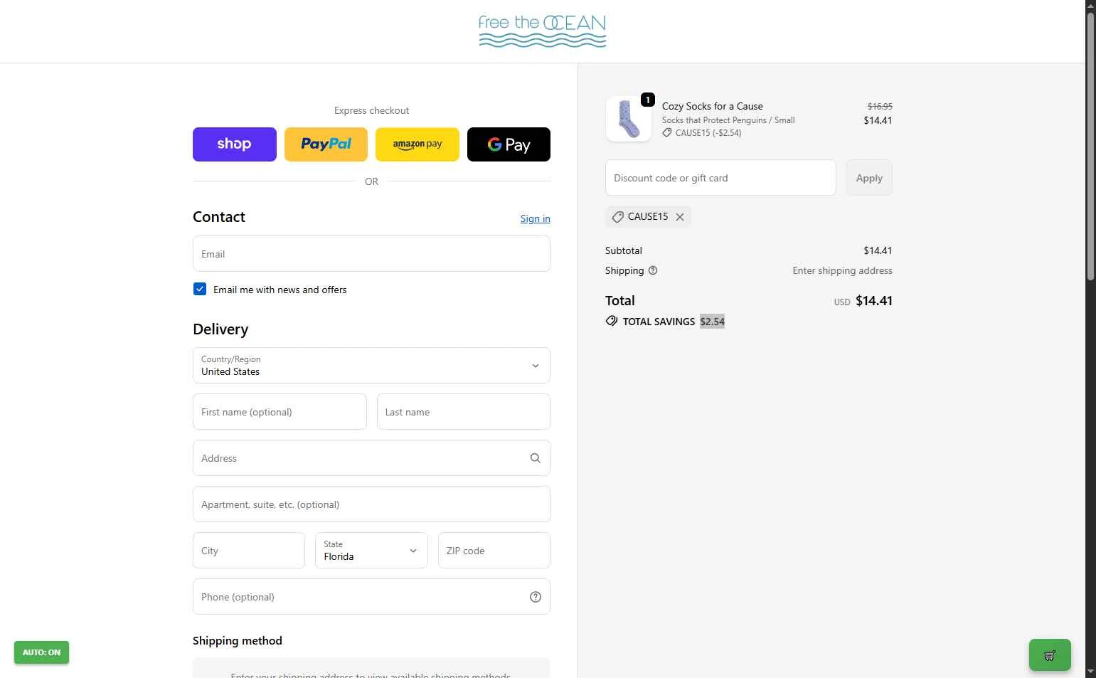 Free the Ocean checkout page showing Free the Ocean discount code box | Screenshot taken by SimplyCodes community member on Jan 3, 2026