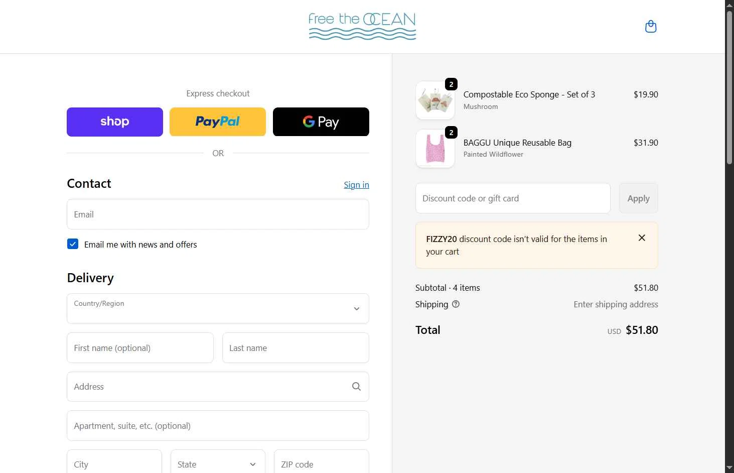 Free the Ocean checkout page showing Free the Ocean discount code box | Screenshot taken by SimplyCodes community member on Jan 1, 2026