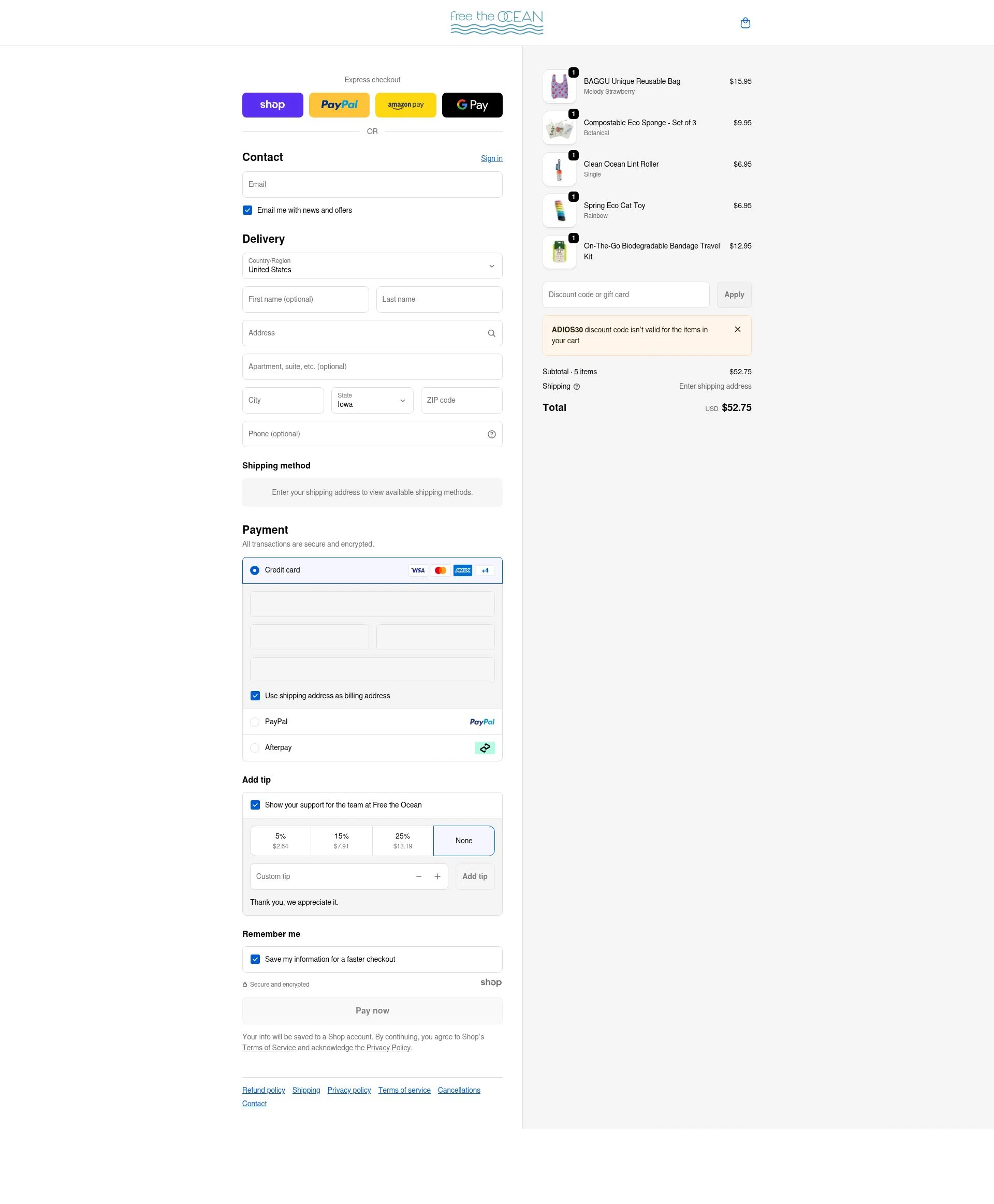 Free the Ocean checkout page showing Free the Ocean discount code box | Screenshot taken by SimplyCodes community member on Jan 9, 2026