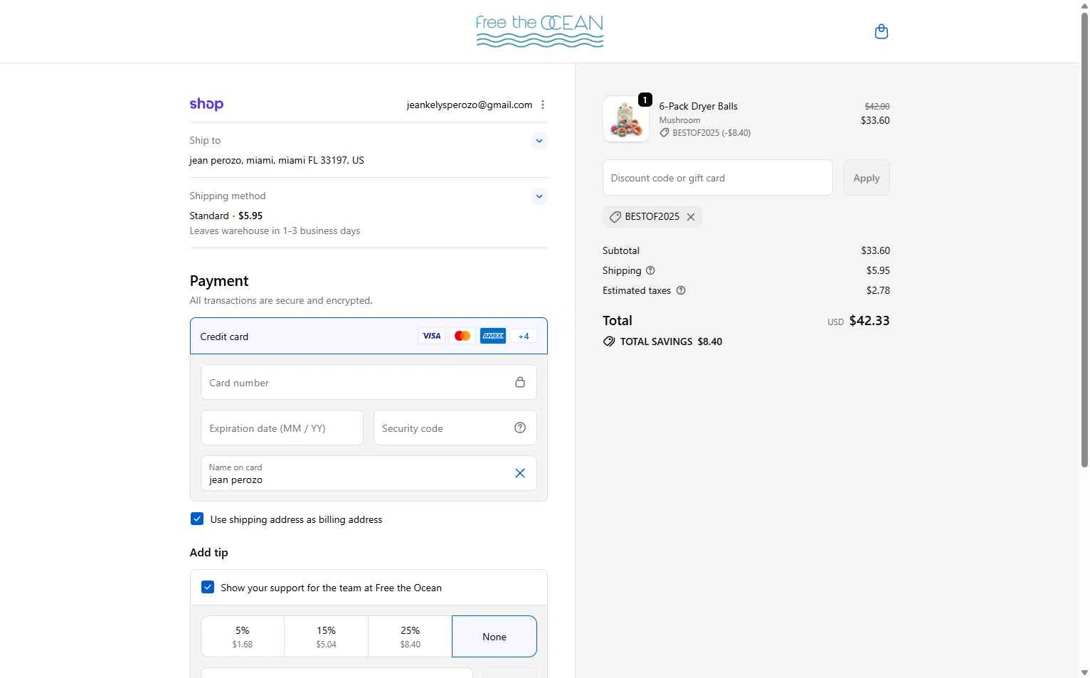 Free the Ocean checkout page showing Free the Ocean discount code box | Screenshot taken by SimplyCodes community member on Jan 4, 2026