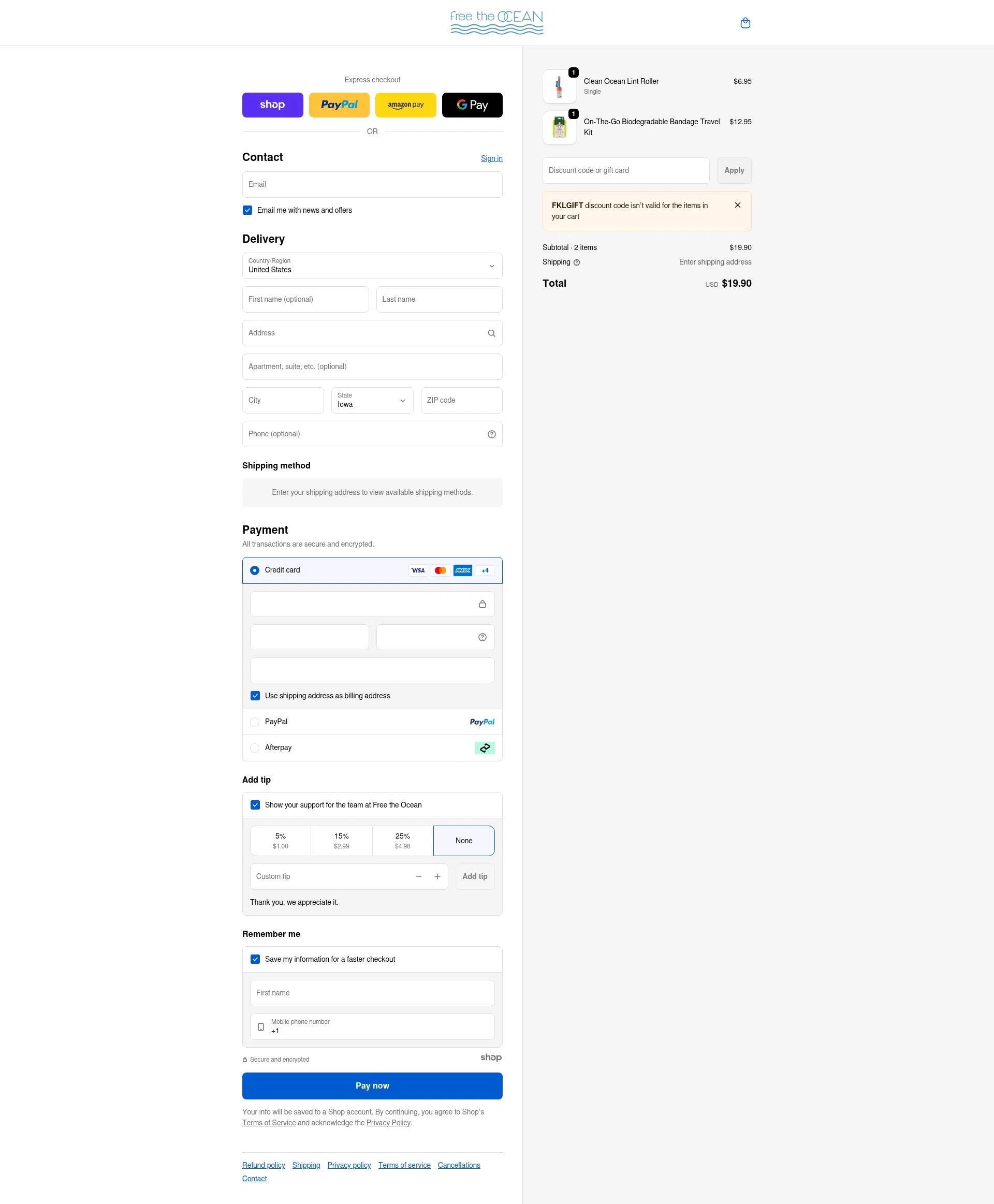 Free the Ocean checkout page showing Free the Ocean discount code box | Screenshot taken by SimplyCodes community member on Jan 4, 2026