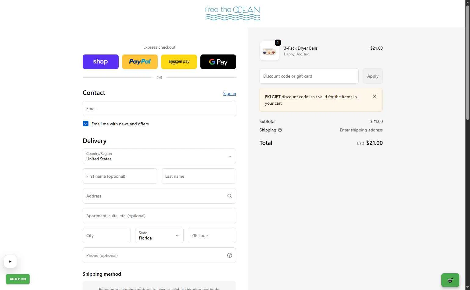 Free the Ocean checkout page showing Free the Ocean discount code box | Screenshot taken by SimplyCodes community member on Jan 9, 2026