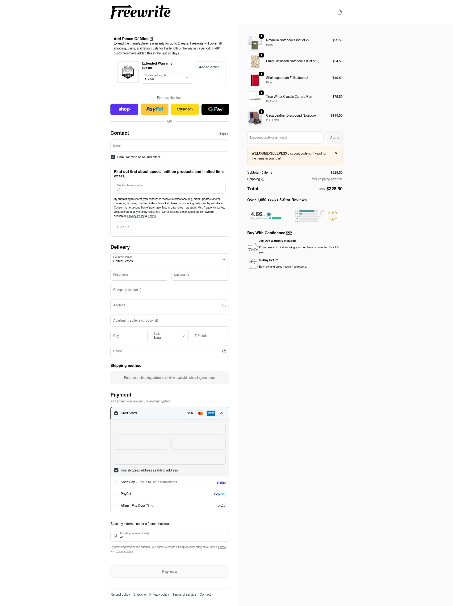 Freewrite Store checkout page showing Freewrite Store promo code box | Screenshot taken by SimplyCodes community member on Feb 6, 2026
