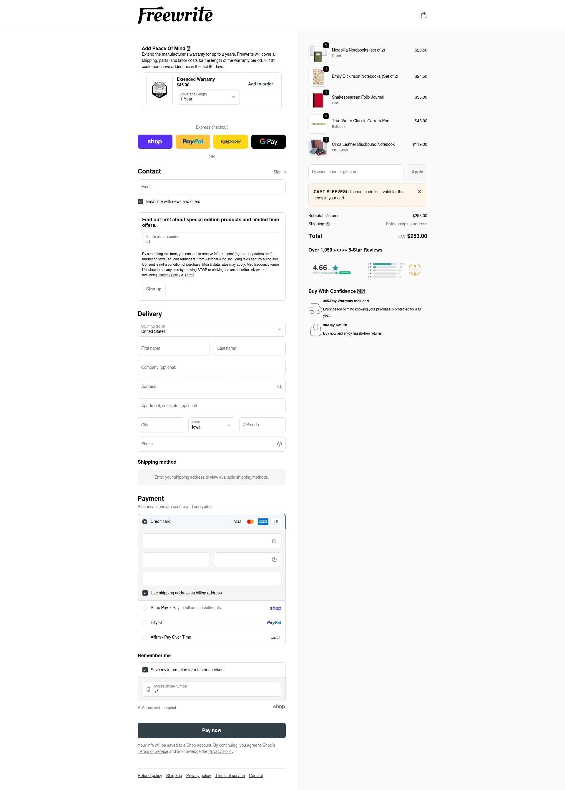 Freewrite Store checkout page showing Freewrite Store promo code box | Screenshot taken by SimplyCodes community member on Jan 28, 2026