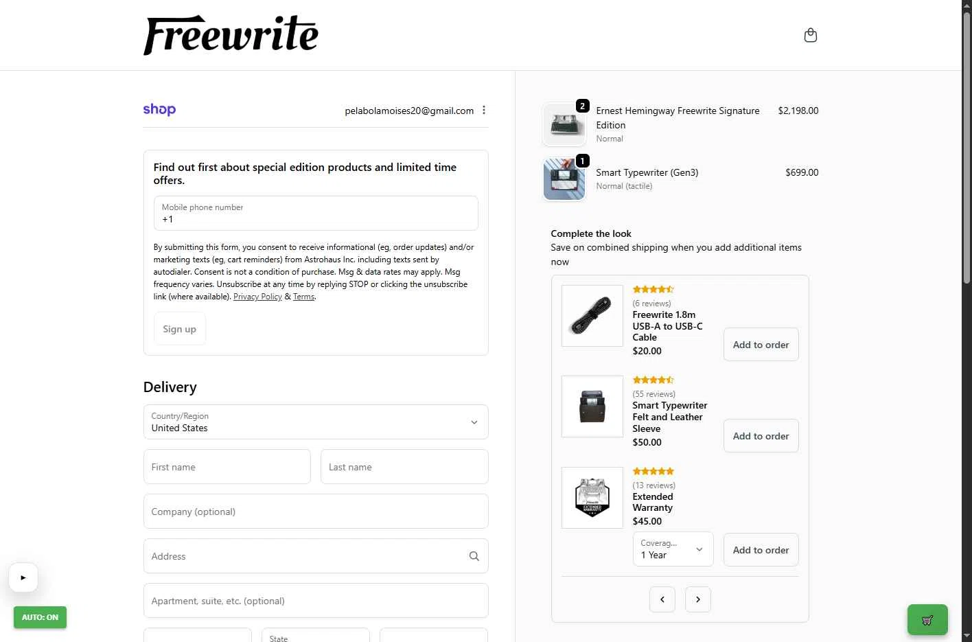 Freewrite Store checkout page showing Freewrite Store promo code box | Screenshot taken by SimplyCodes community member on Jan 24, 2026