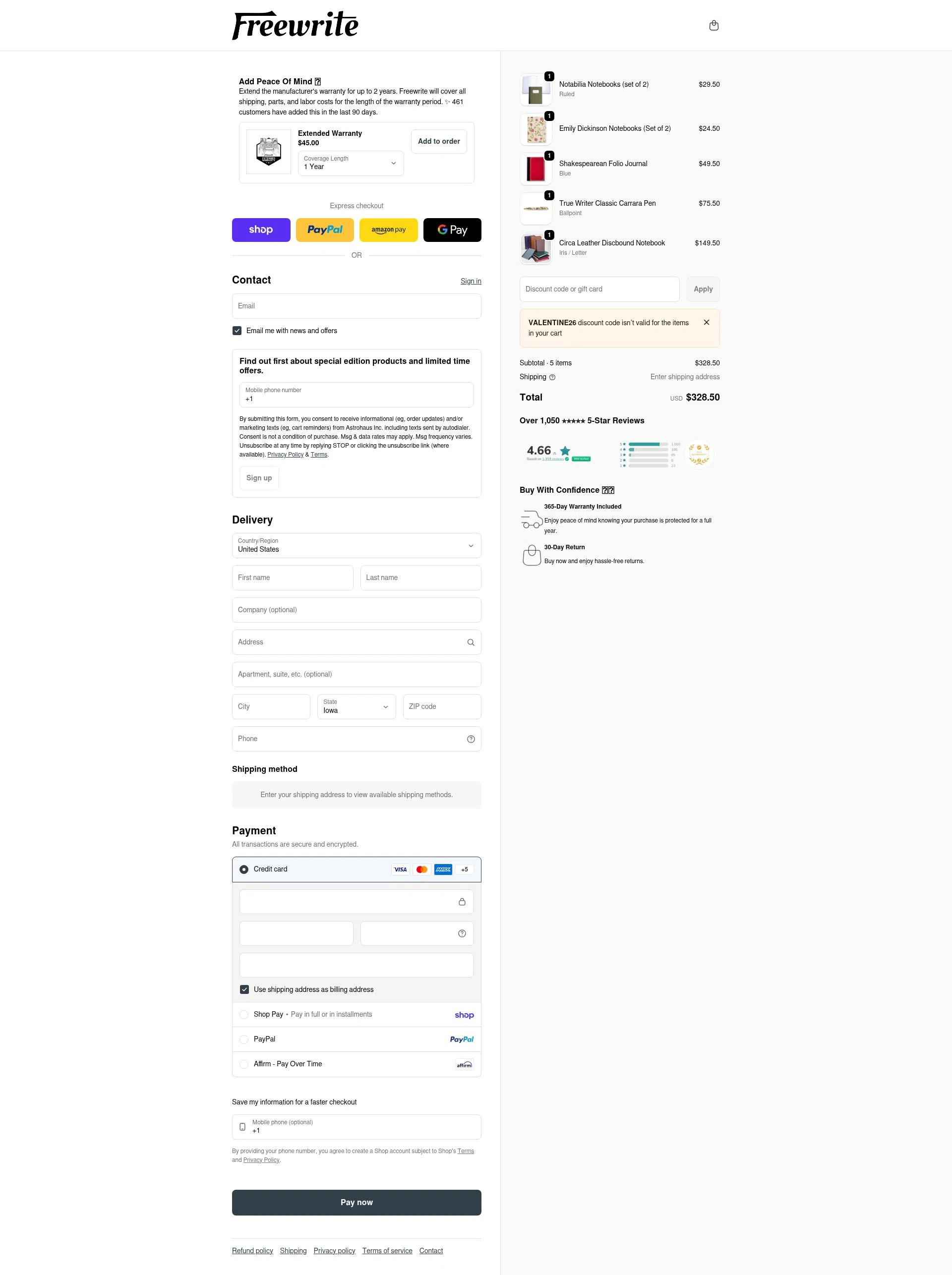 Freewrite Store checkout page showing Freewrite Store promo code box | Screenshot taken by SimplyCodes community member on Feb 6, 2026