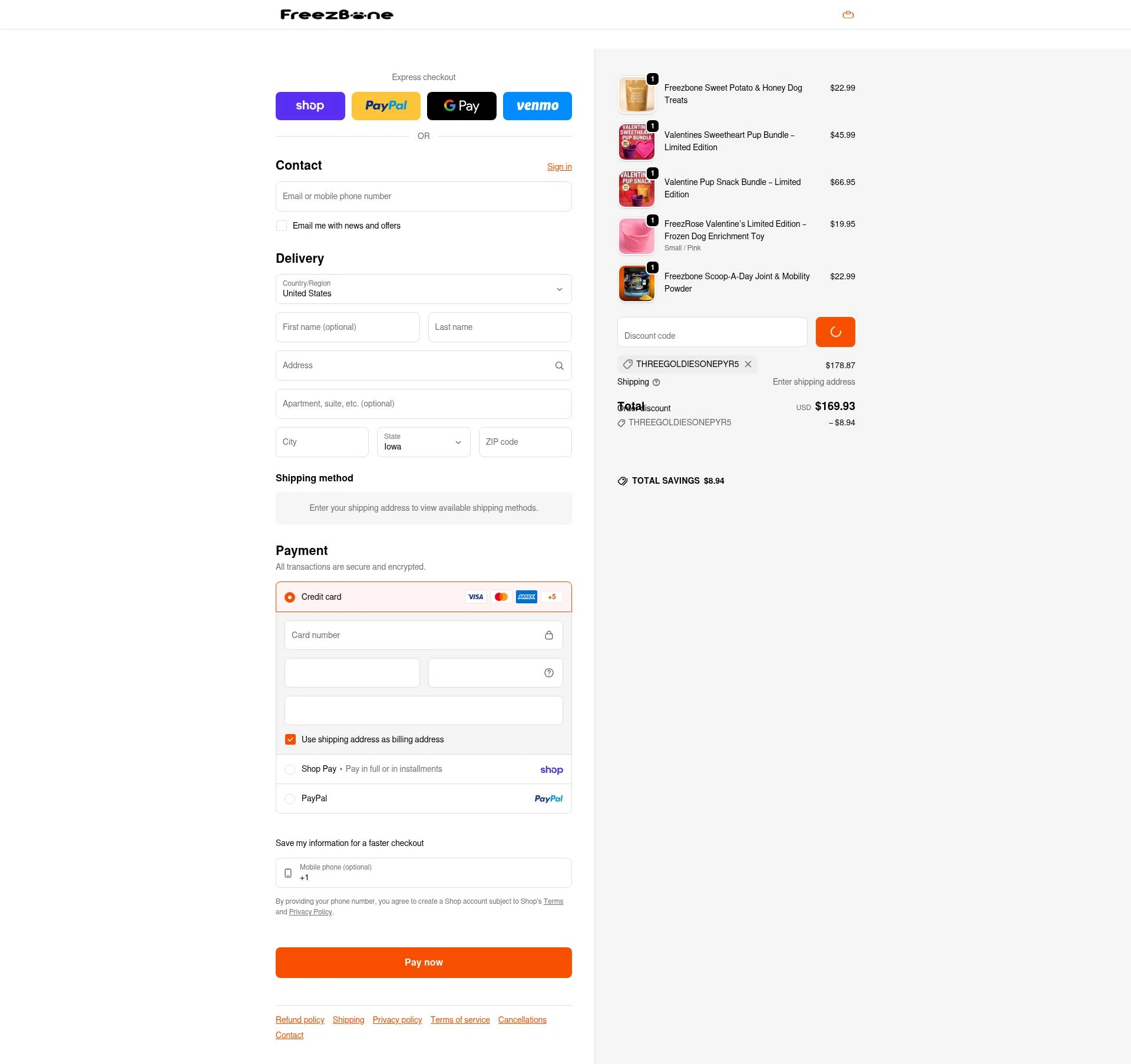 Freezbone checkout page showing Freezbone discount code box | Screenshot taken by SimplyCodes community member on Feb 5, 2026