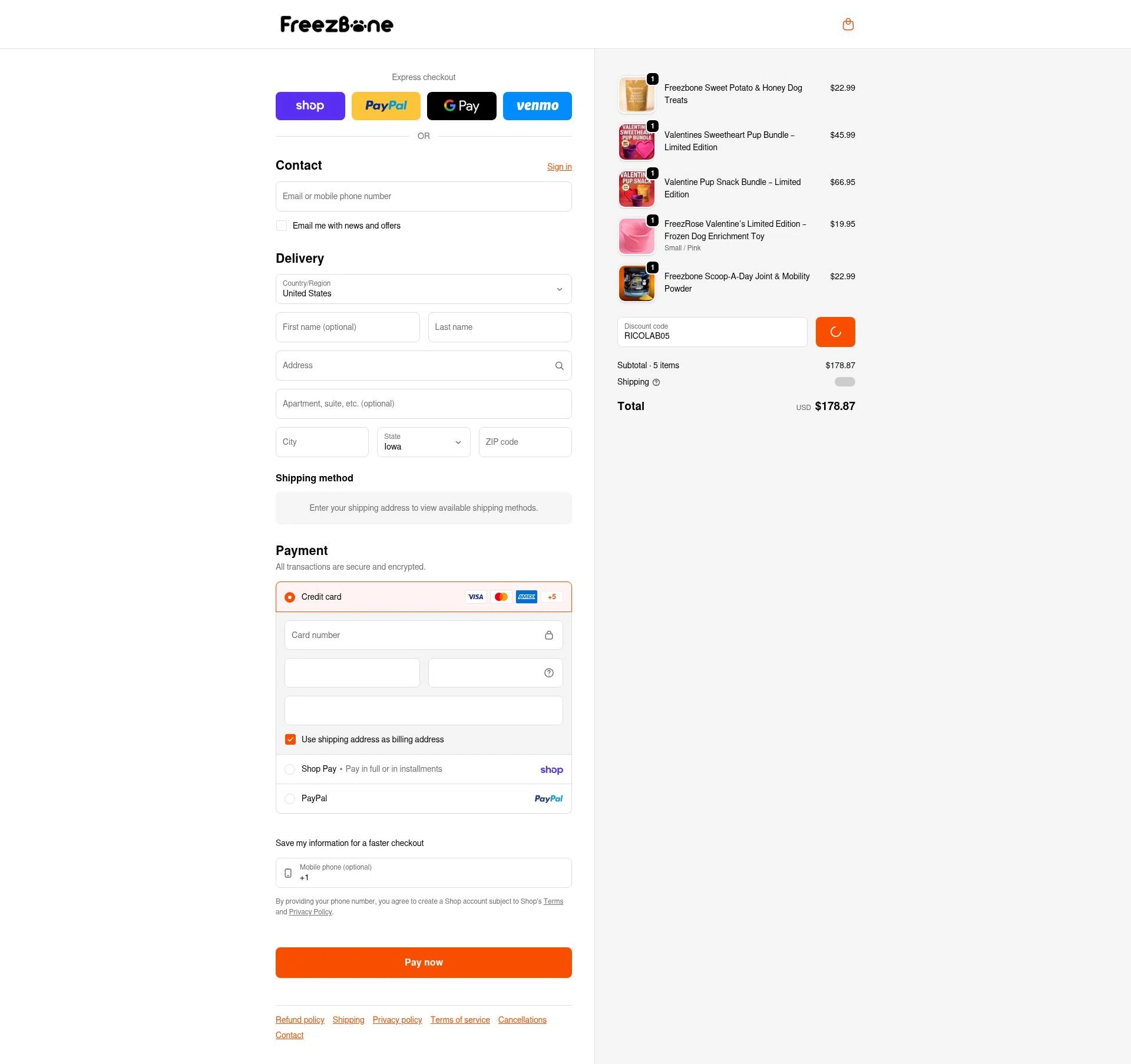 Freezbone checkout page showing Freezbone discount code box | Screenshot taken by SimplyCodes community member on Feb 5, 2026