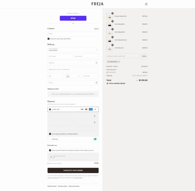 Freja New York checkout page showing Freja New York discount code box | Screenshot taken by SimplyCodes community member on Sep 11, 2025