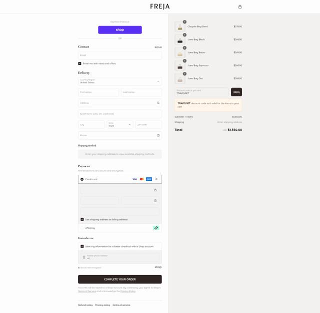 Freja New York checkout page showing Freja New York discount code box | Screenshot taken by SimplyCodes community member on Sep 11, 2025