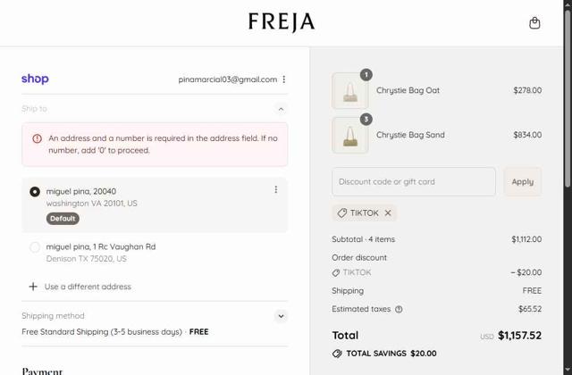 Freja New York checkout page showing Freja New York discount code box | Screenshot taken by SimplyCodes community member on Sep 11, 2025