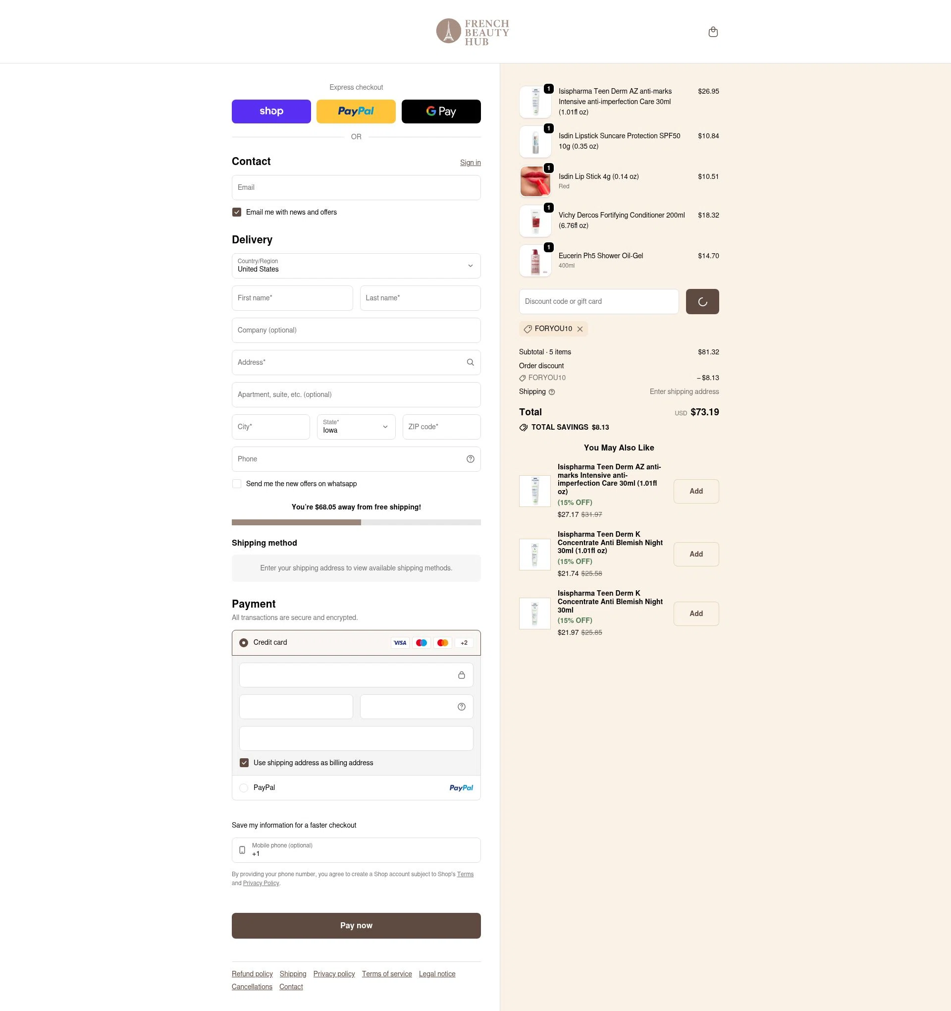 French Beauty Hub checkout page showing French Beauty Hub discount code box | Screenshot taken by SimplyCodes community member on Feb 14, 2026