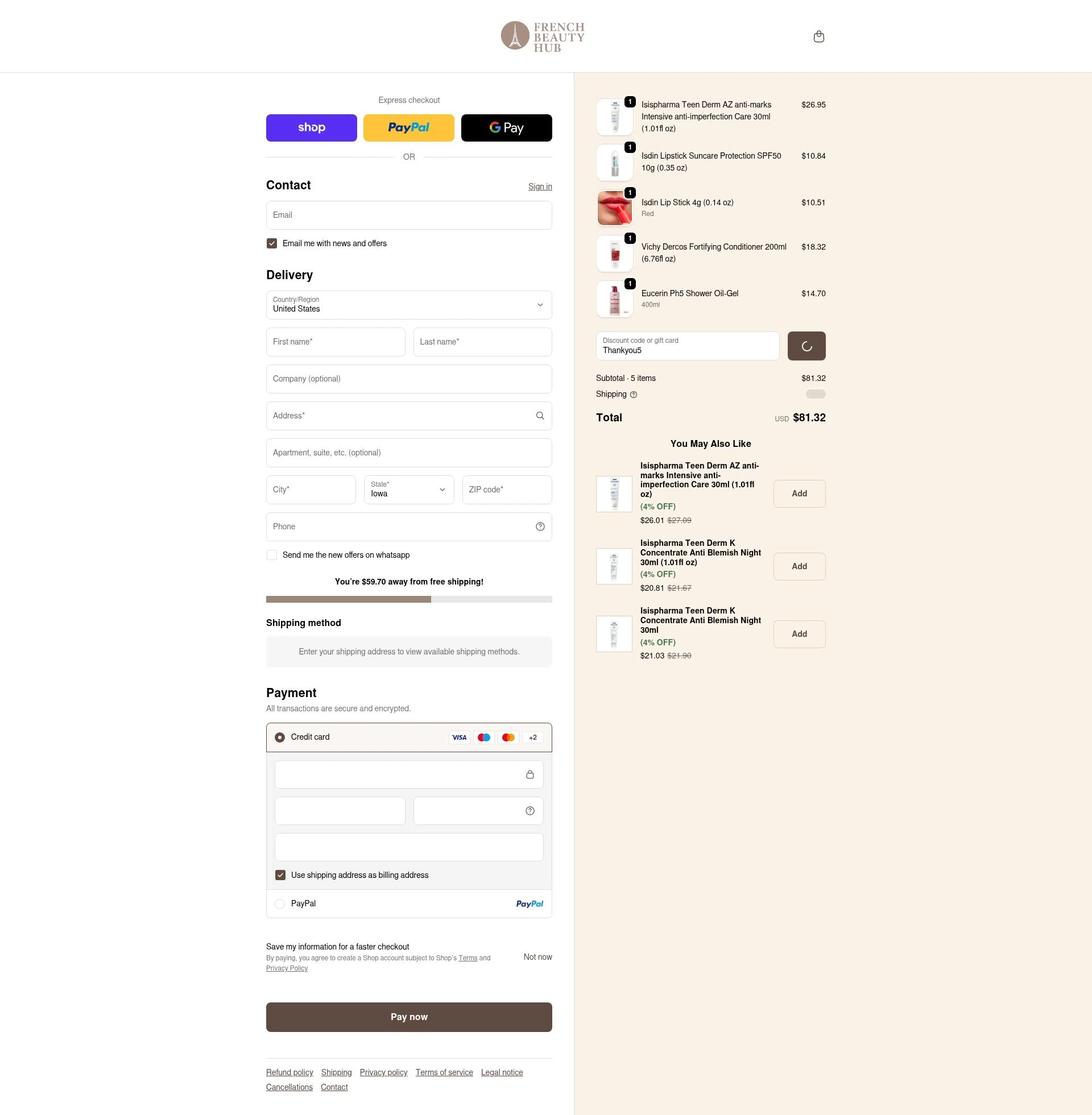 French Beauty Hub checkout page showing French Beauty Hub discount code box | Screenshot taken by SimplyCodes community member on Feb 18, 2026