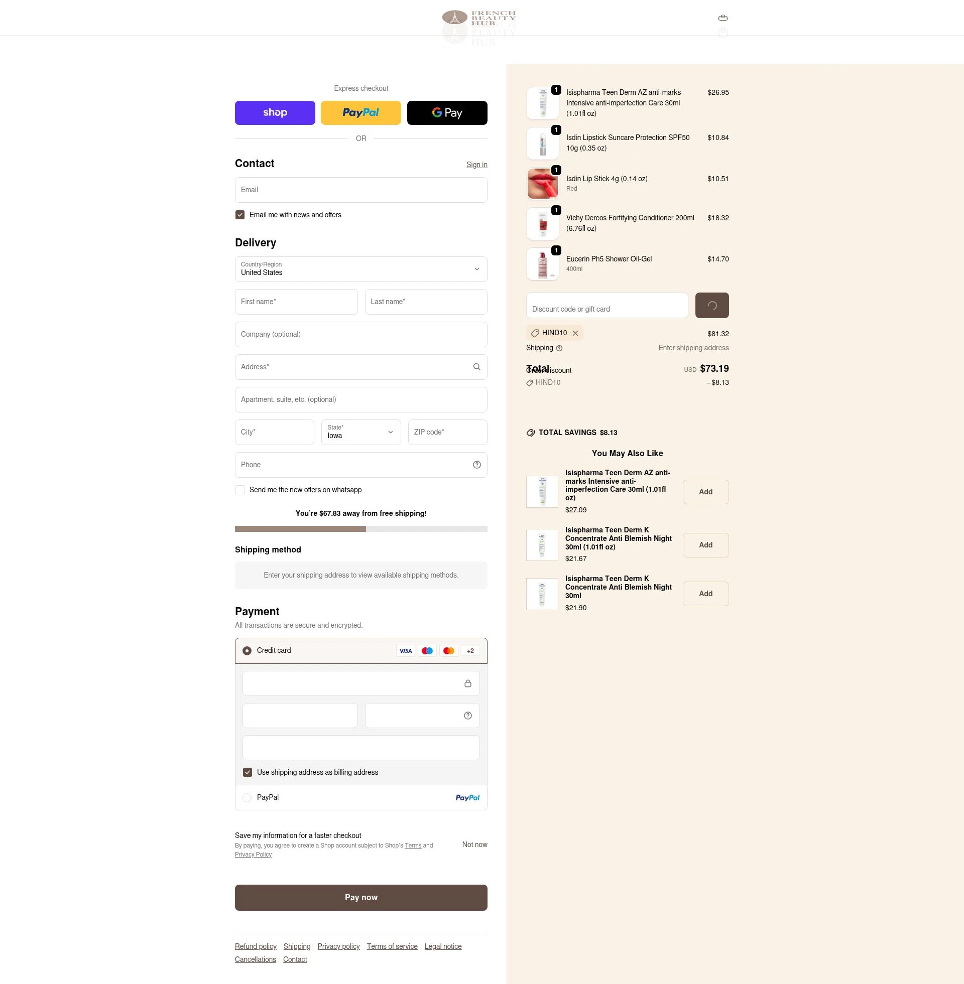 French Beauty Hub checkout page showing French Beauty Hub discount code box | Screenshot taken by SimplyCodes community member on Feb 18, 2026