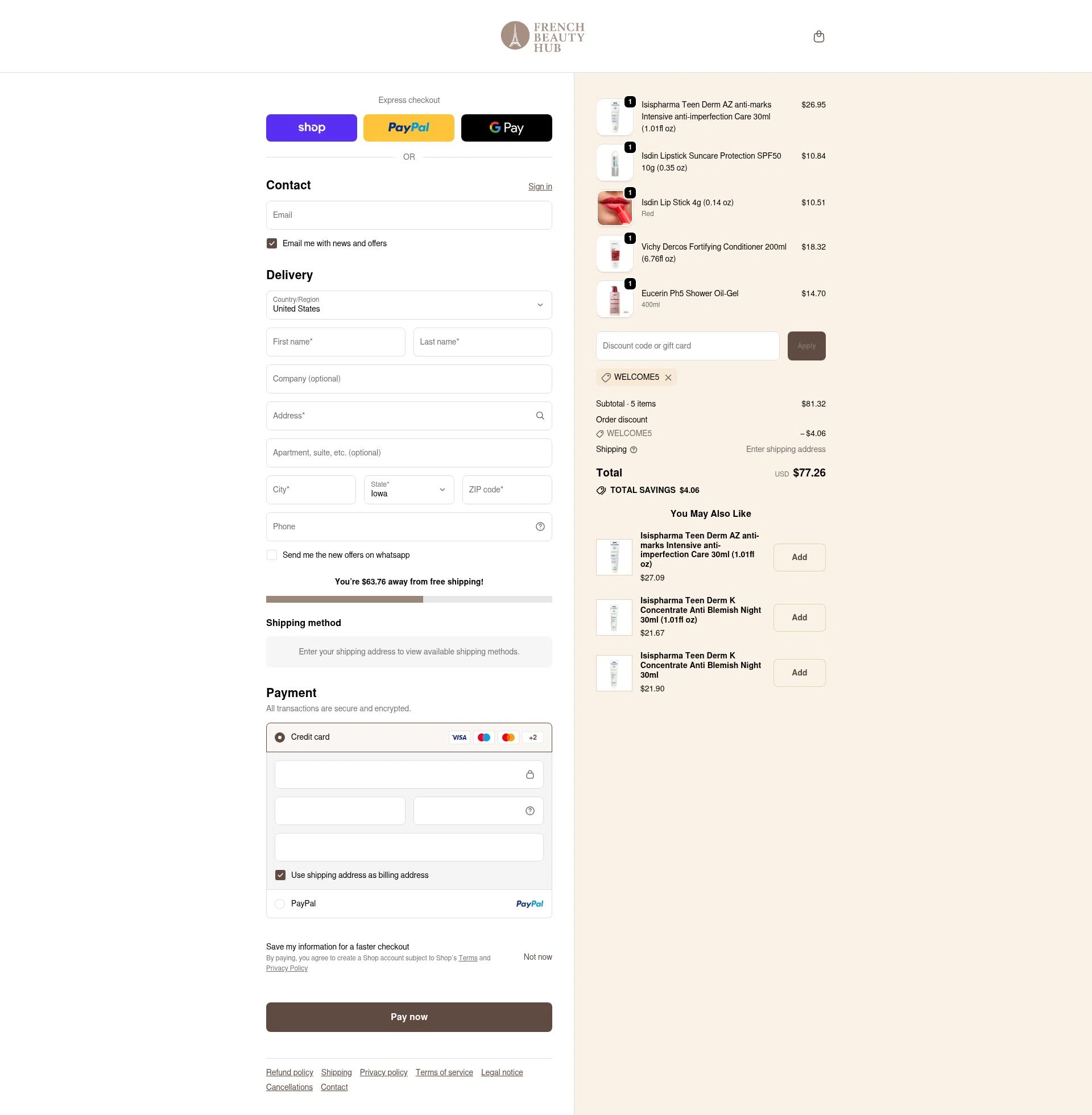 French Beauty Hub checkout page showing French Beauty Hub discount code box | Screenshot taken by SimplyCodes community member on Feb 18, 2026