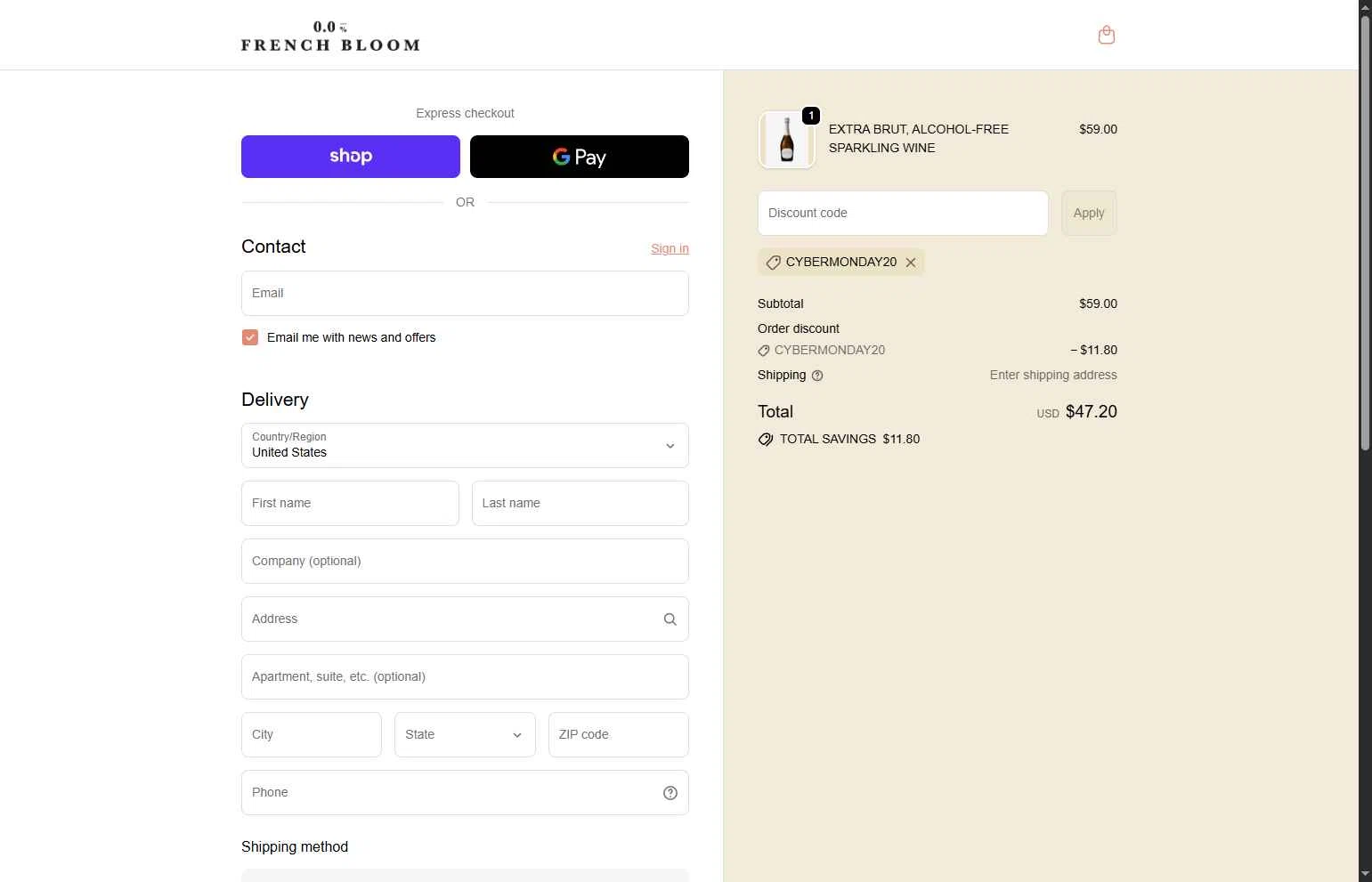 French Bloom checkout page showing French Bloom discount code box | Screenshot taken by SimplyCodes community member on Dec 1, 2025