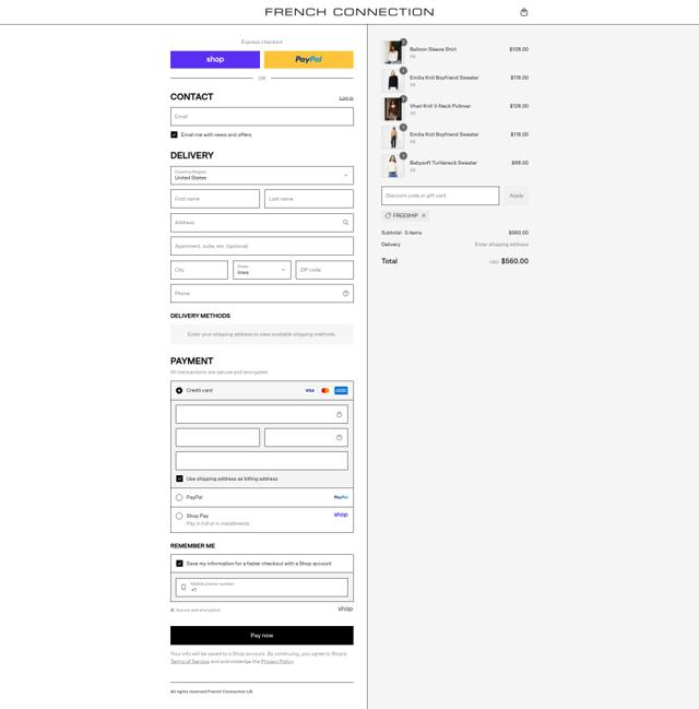 French Connection checkout page showing French Connection discount code box | Screenshot taken by SimplyCodes community member on Sep 6, 2025