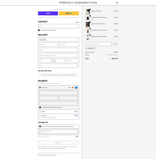 French Connection checkout page showing French Connection discount code box | Screenshot taken by SimplyCodes community member on Sep 2, 2025