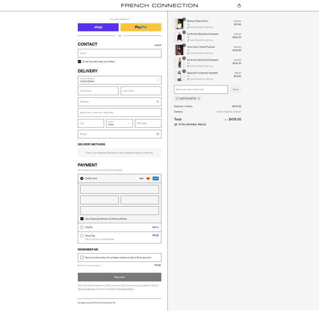French Connection checkout page showing French Connection discount code box | Screenshot taken by SimplyCodes community member on Sep 6, 2025