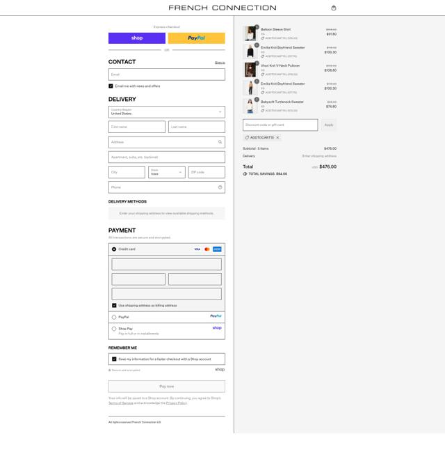 French Connection checkout page showing French Connection discount code box | Screenshot taken by SimplyCodes community member on Sep 10, 2025