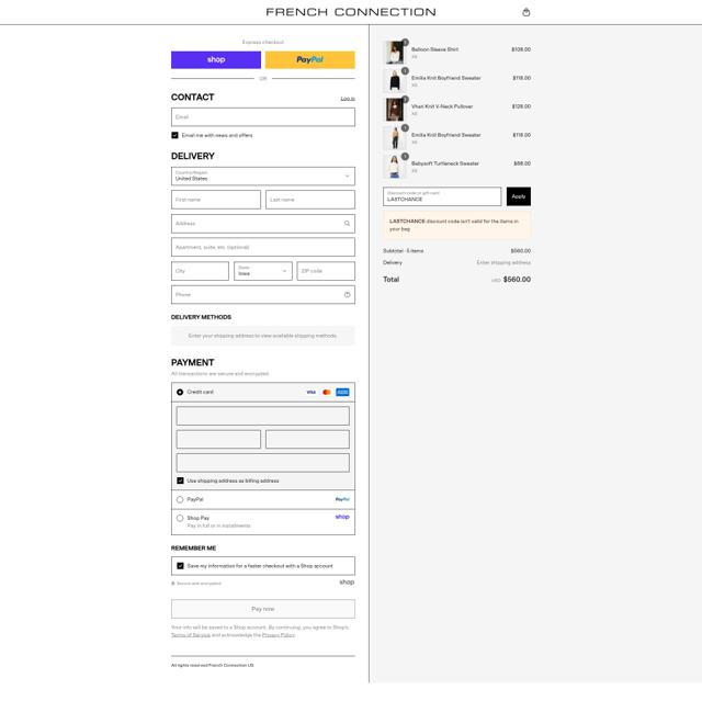 French Connection checkout page showing French Connection discount code box | Screenshot taken by SimplyCodes community member on Aug 29, 2025