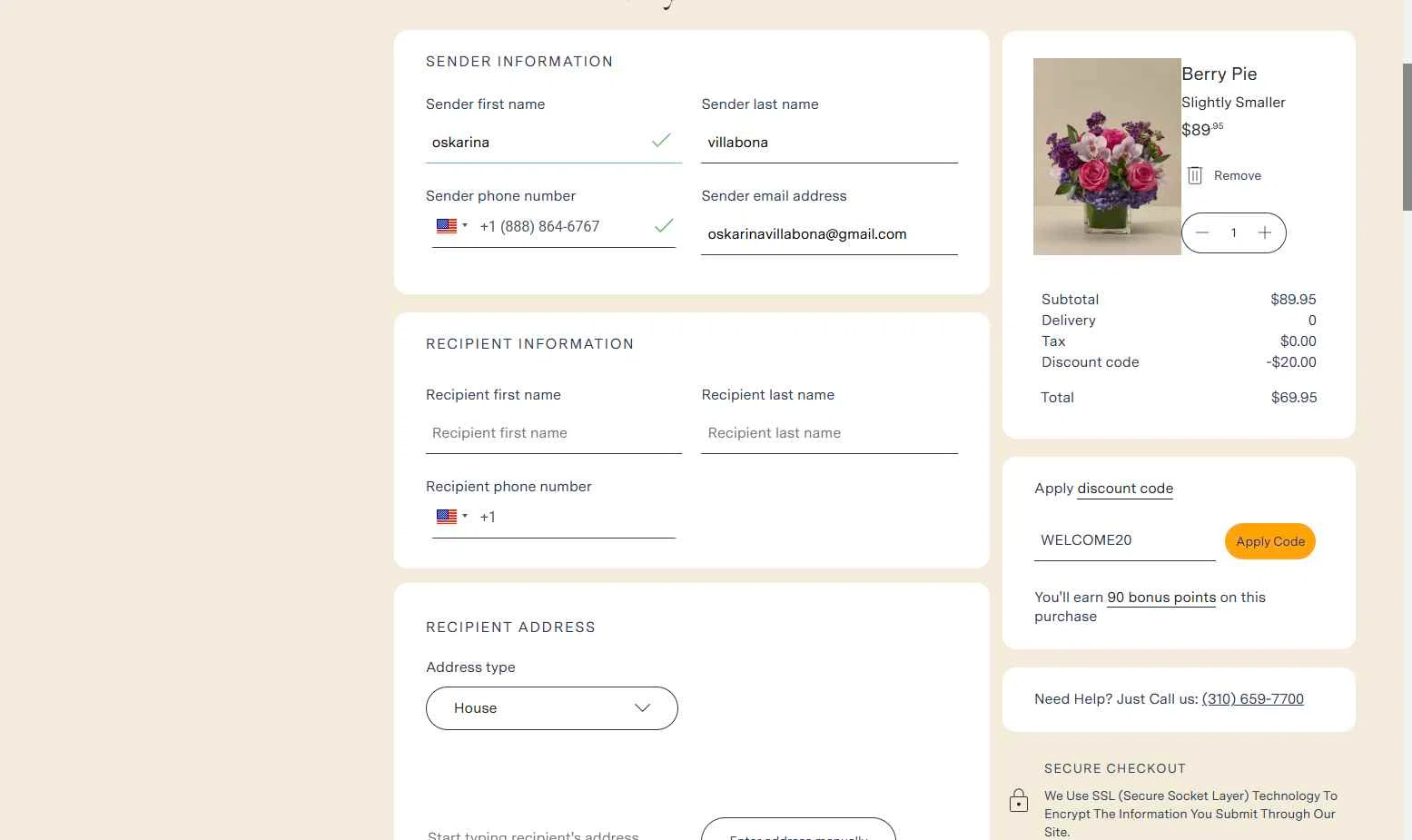 French Florist checkout page showing French Florist discount code box | Screenshot taken by SimplyCodes community member on Nov 12, 2025