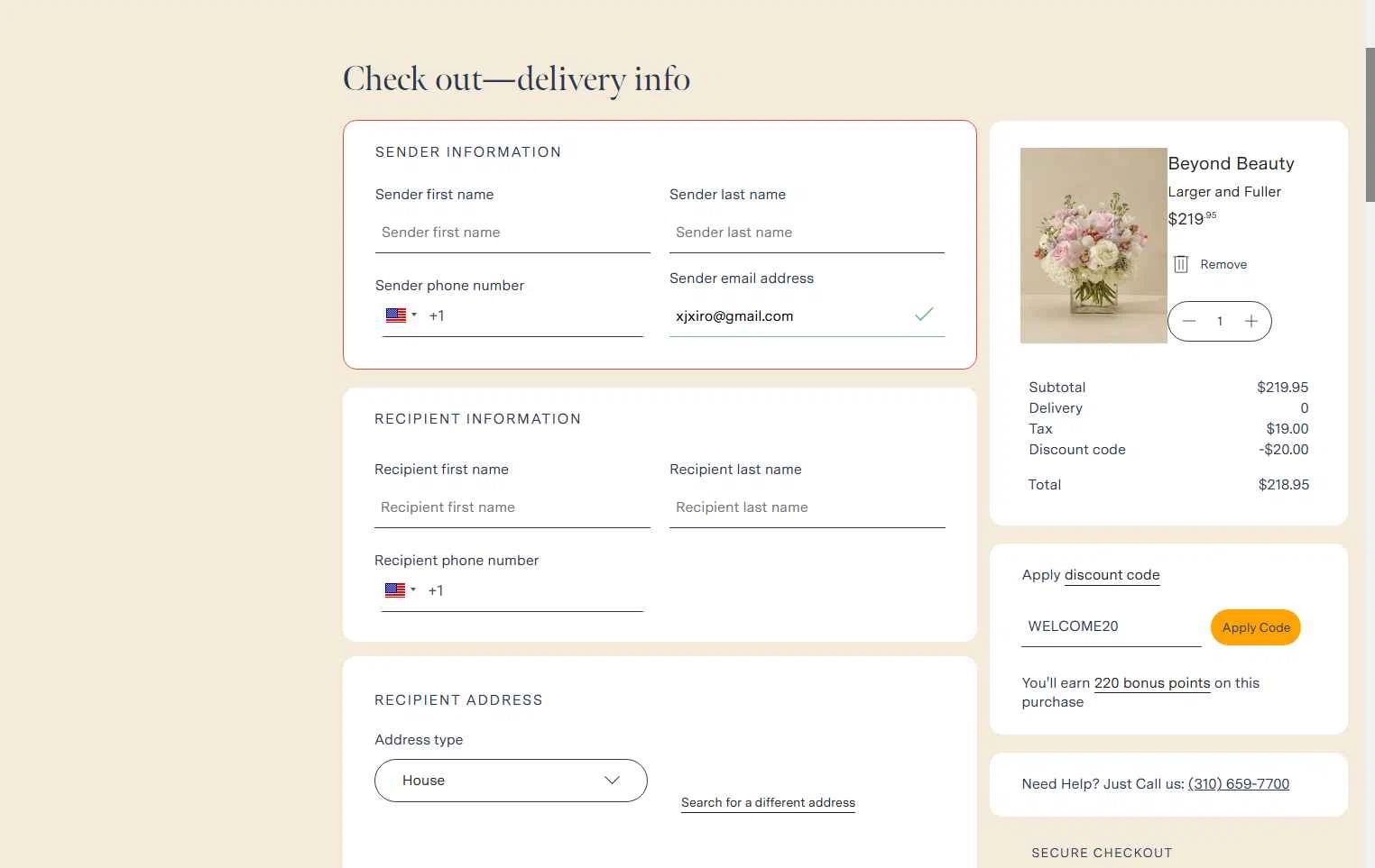 French Florist checkout page showing French Florist discount code box | Screenshot taken by SimplyCodes community member on Dec 11, 2025