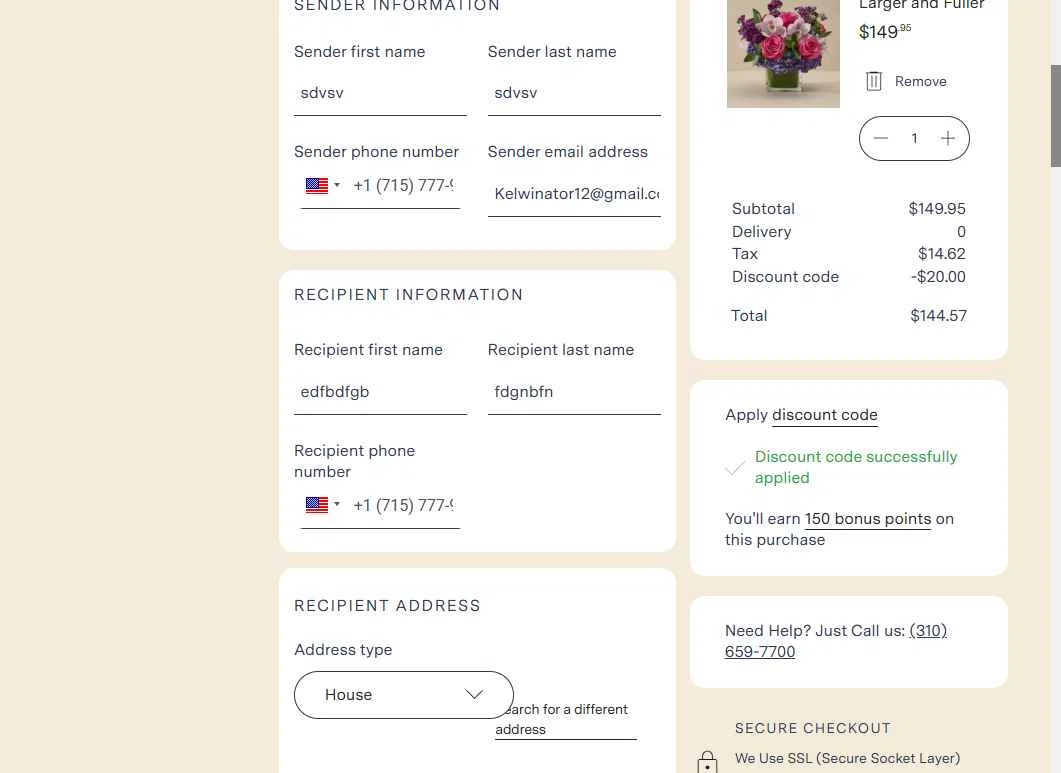 French Florist checkout page showing French Florist discount code box | Screenshot taken by SimplyCodes community member on Nov 12, 2025