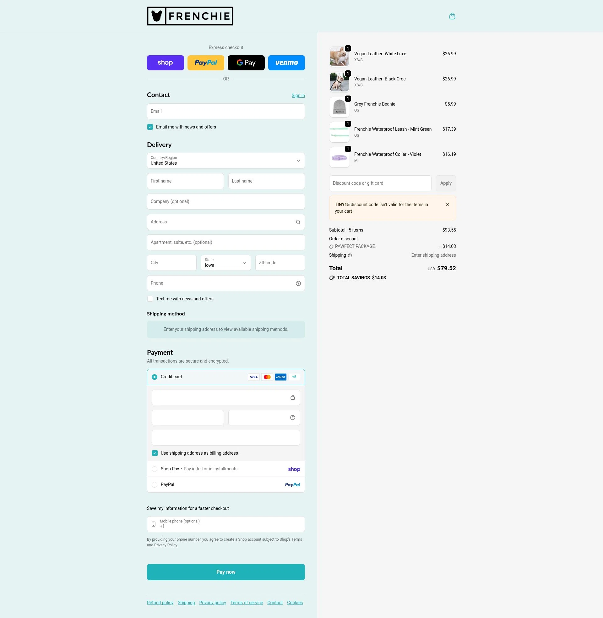 Frenchie Bulldog checkout page showing Frenchie Bulldog discount code box | Screenshot taken by SimplyCodes community member on Feb 6, 2026