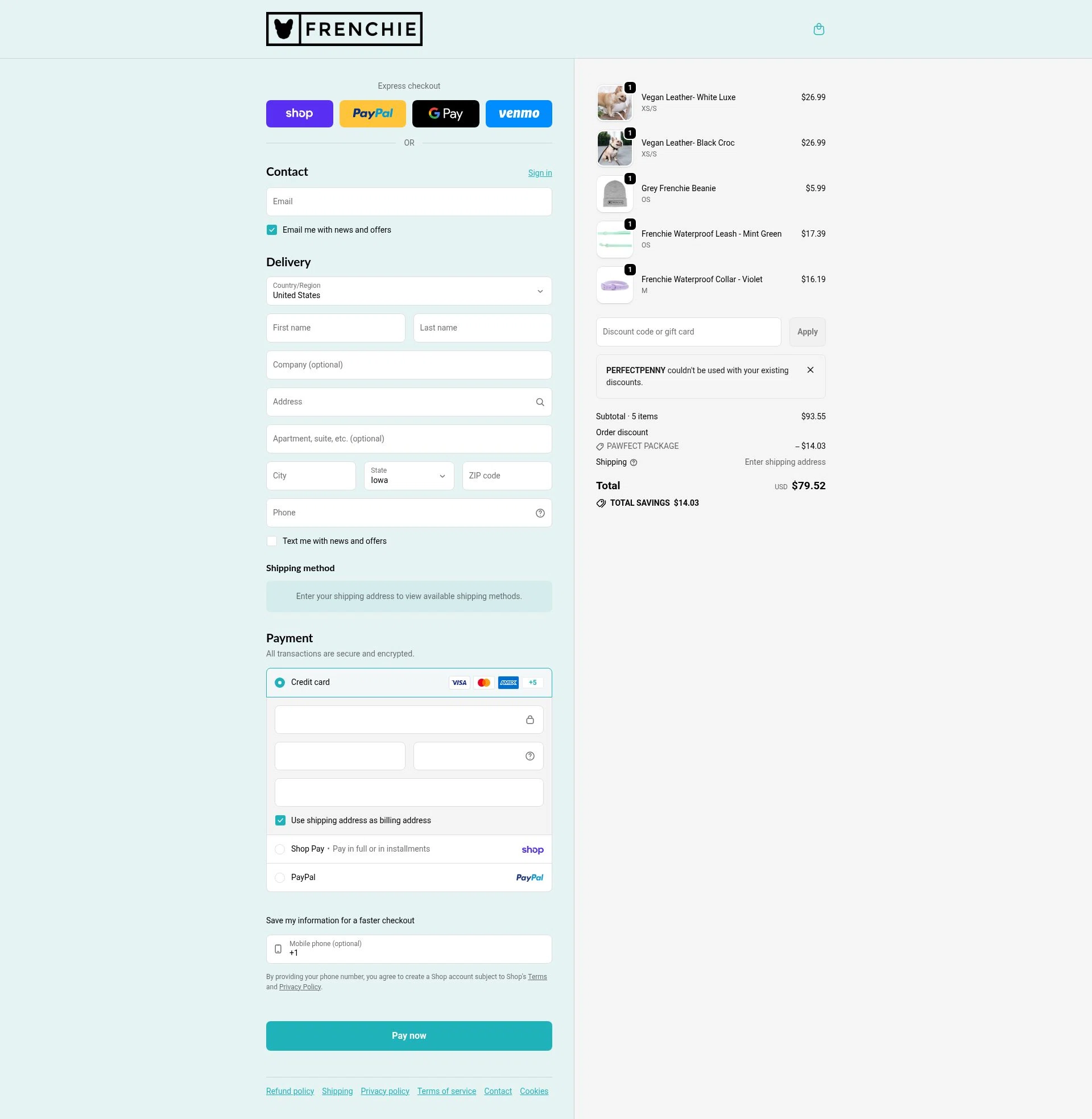 Frenchie Bulldog checkout page showing Frenchie Bulldog discount code box | Screenshot taken by SimplyCodes community member on Feb 6, 2026
