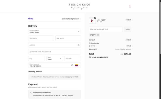 French Knot checkout page showing French Knot promo code box | Screenshot taken by SimplyCodes community member on Sep 8, 2025