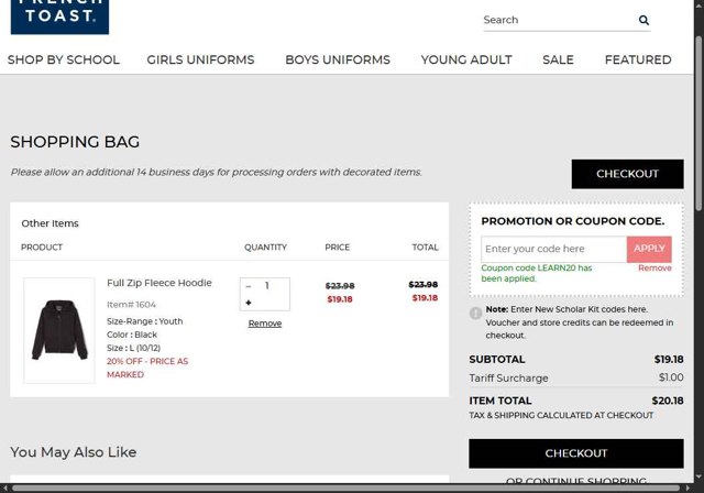 French Toast checkout page showing French Toast coupon code box | Screenshot taken by SimplyCodes community member on Sep 5, 2025