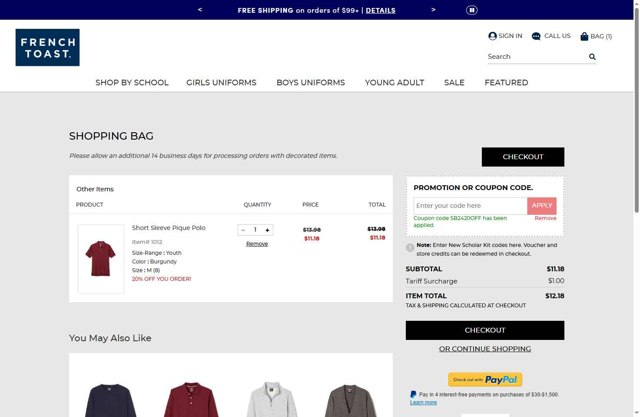 French Toast checkout page showing French Toast coupon code box | Screenshot taken by SimplyCodes community member on Aug 16, 2025