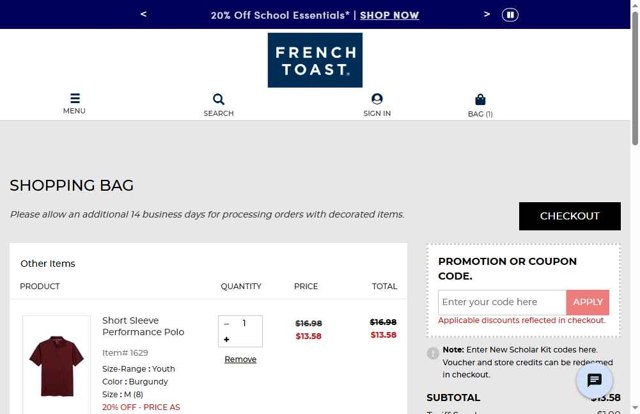 French Toast checkout page showing French Toast coupon code box | Screenshot taken by SimplyCodes community member on Aug 8, 2025