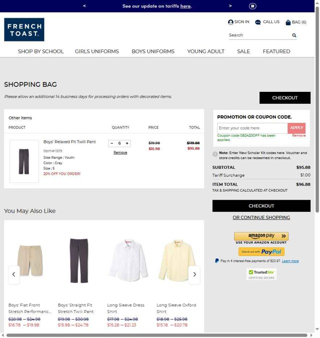 French Toast checkout page showing French Toast coupon code box | Screenshot taken by SimplyCodes community member on Sep 5, 2025