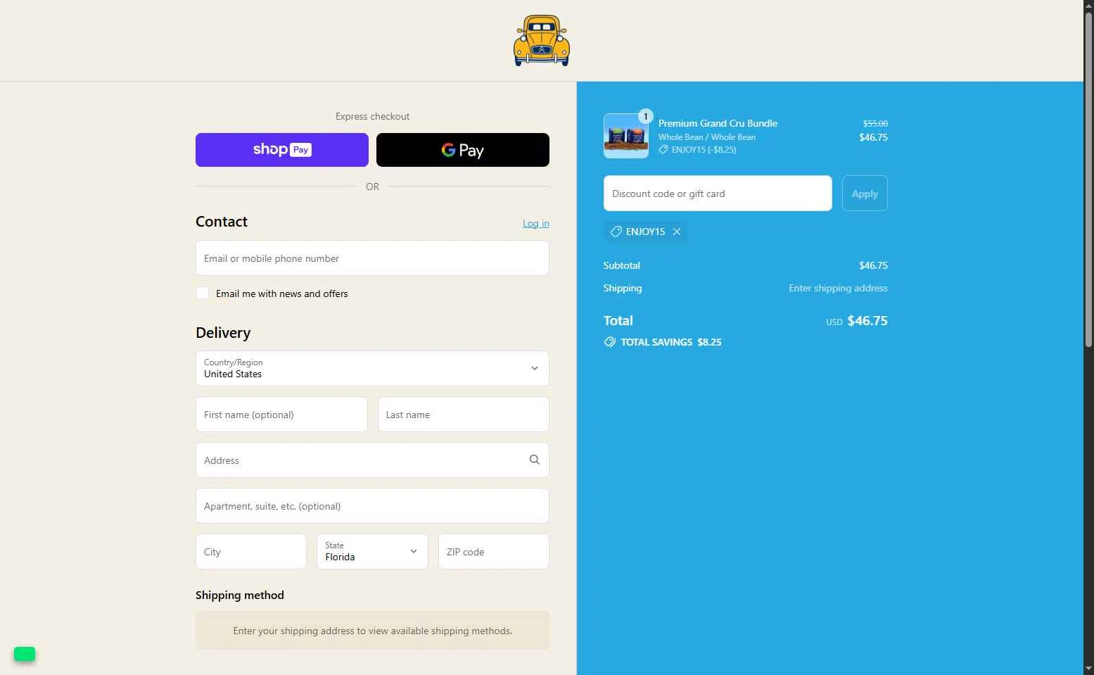 French Truck Coffee checkout page showing French Truck Coffee discount code box | Screenshot taken by SimplyCodes community member on Jul 21, 2025
