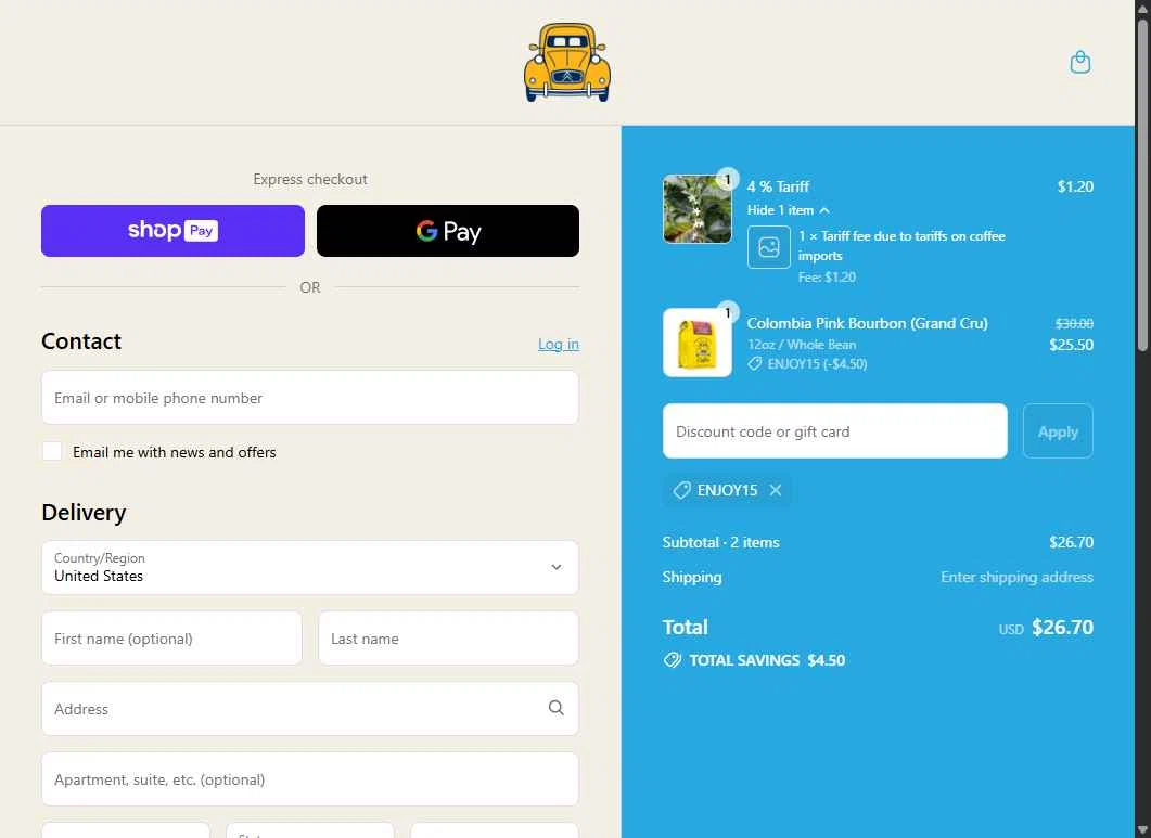 French Truck Coffee checkout page showing French Truck Coffee discount code box | Screenshot taken by SimplyCodes community member on Jul 21, 2025