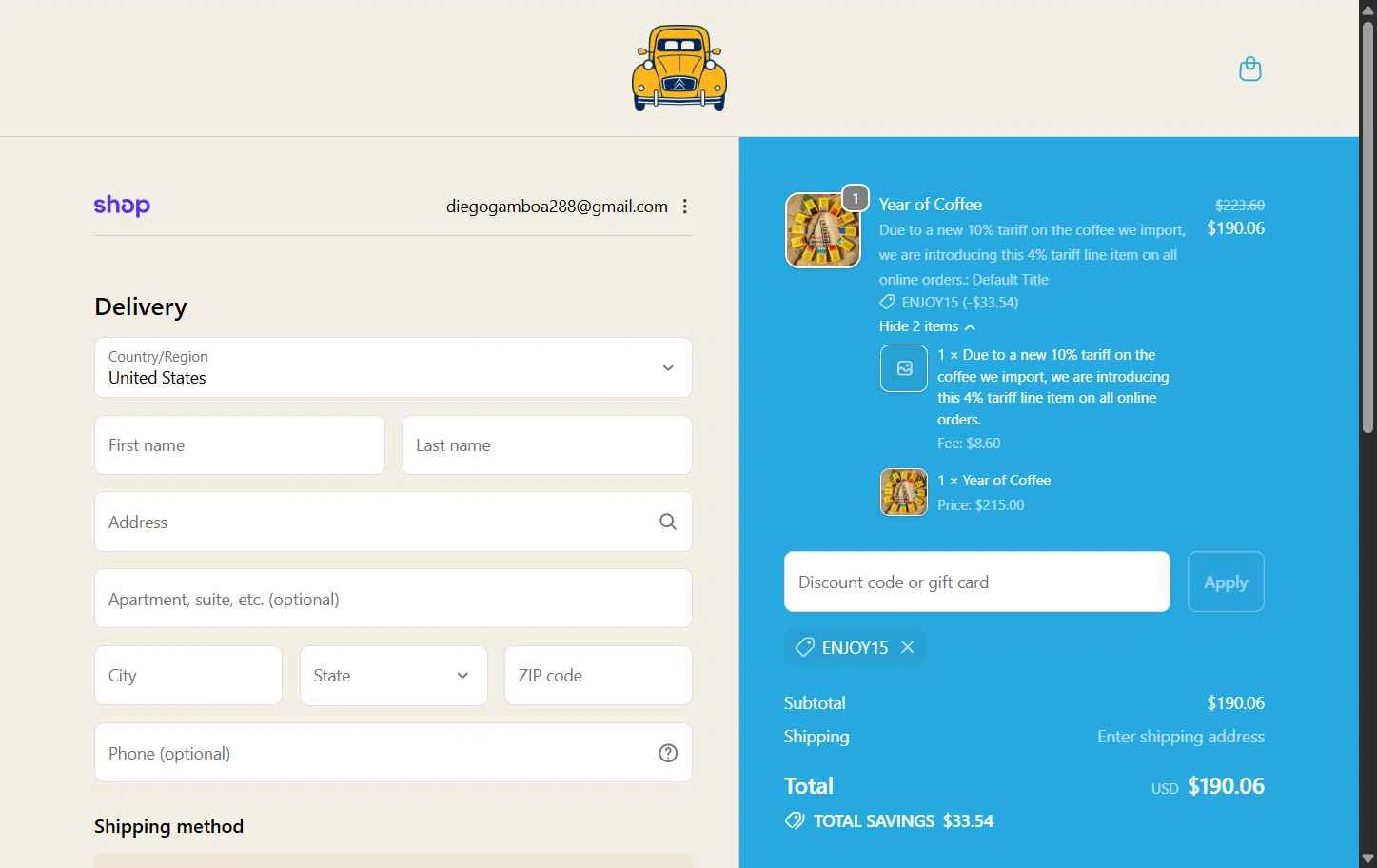 French Truck Coffee checkout page showing French Truck Coffee discount code box | Screenshot taken by SimplyCodes community member on Dec 15, 2025