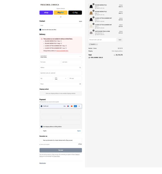 Frescobol Carioca checkout page showing Frescobol Carioca promo code box | Screenshot taken by SimplyCodes community member on Sep 4, 2025