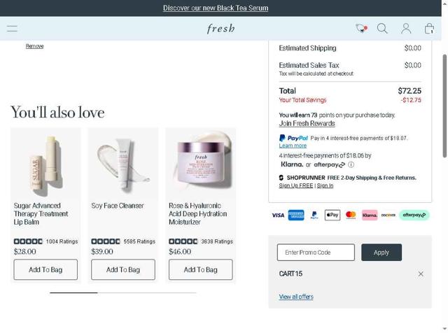Fresh checkout page showing Fresh promo code box | Screenshot taken by SimplyCodes community member on Aug 22, 2025
