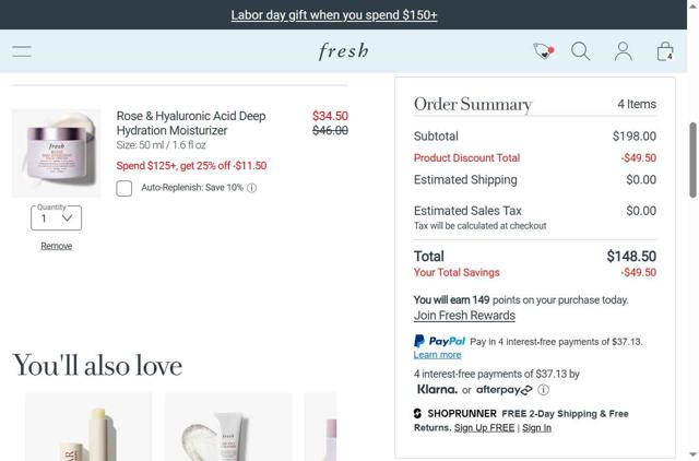 Fresh checkout page showing Fresh promo code box | Screenshot taken by SimplyCodes community member on Sep 1, 2025