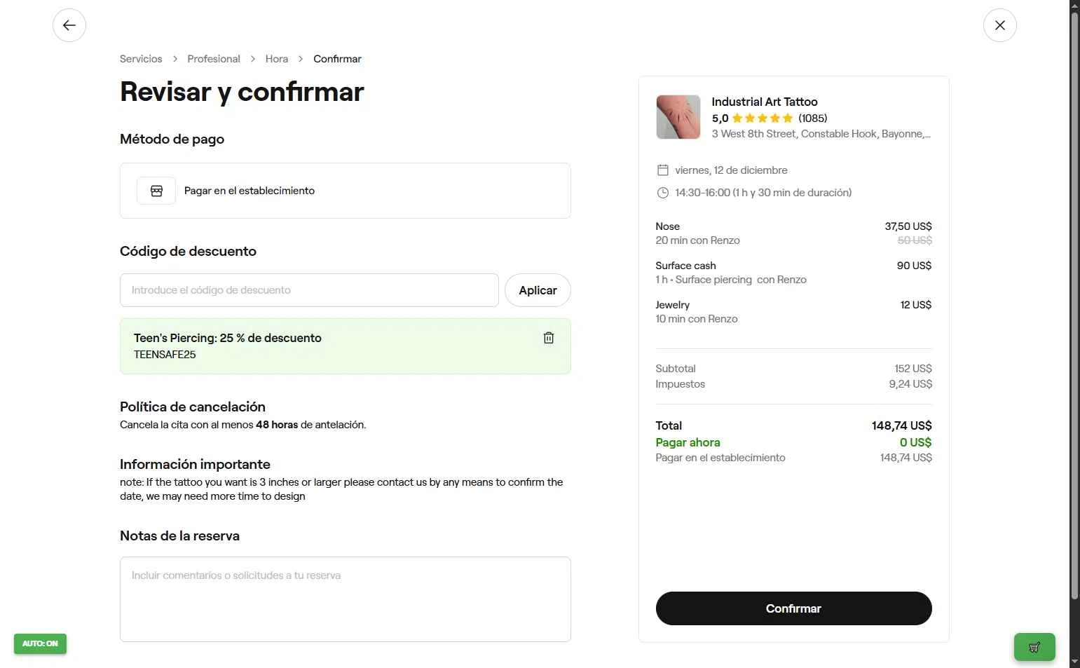 Fresha checkout page showing Fresha discount code box | Screenshot taken by SimplyCodes community member on Dec 8, 2025